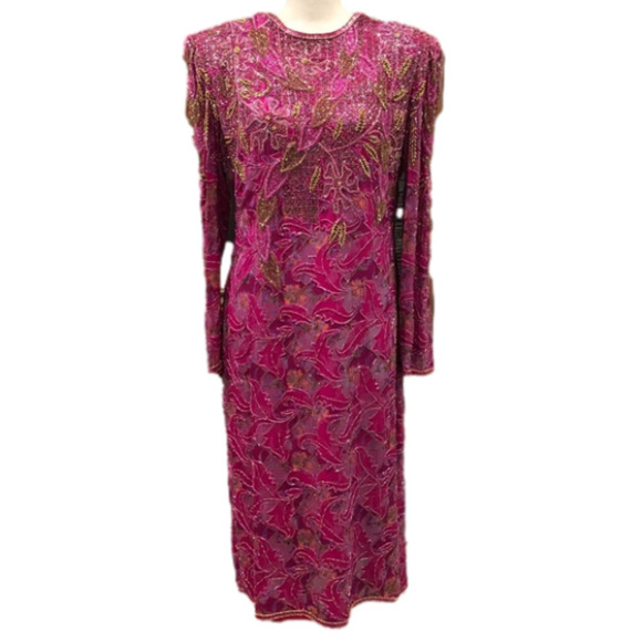 𝅺VINTAGE 1980s Fuchsia Pink Silk Beaded Cocktail Dress - Picture 1 of 12